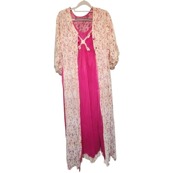 Jenelle of California Vintage Lace Overlay Nightgown & Robe Set – Hot Pink - Picture 2 of 14